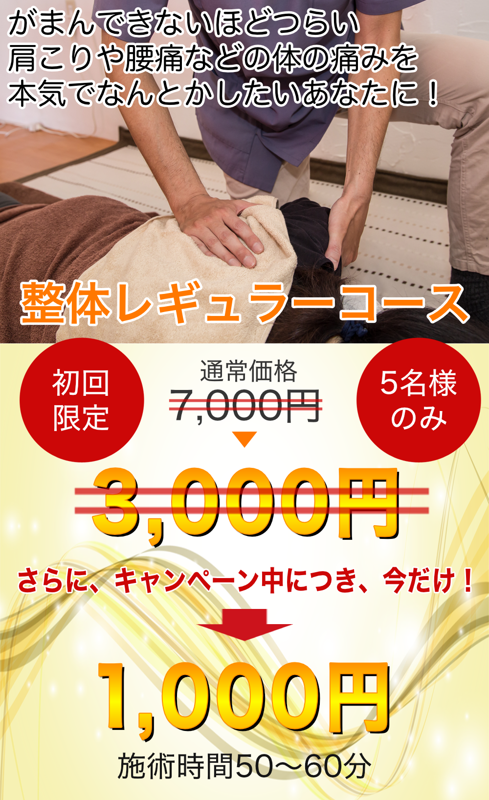 肩こり・腰痛でお悩みのあなたに 整体レギュラーコース